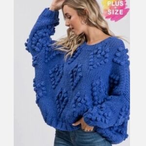 Racheal Blue Oversized Pompom Heart Sweater - NEW